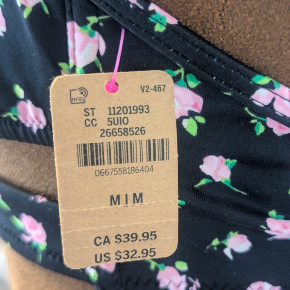NWT Victoria's Secret Pink Body Wrap Bikini Top, Black With Pink Flowers, Sz M - Picture 4 of 4
